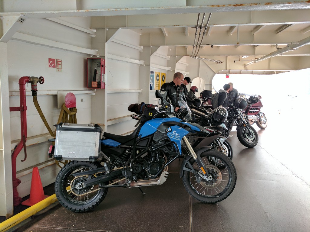 F800GS on a ferry deck with touring luggage