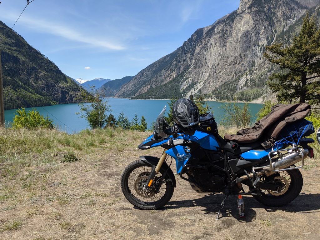 2013 BMW F800GS at Seton Lake with mountain backdrop