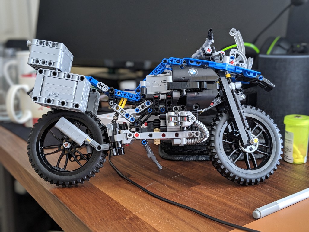 LEGO Technic BMW GS Adventure model with aluminum panniers