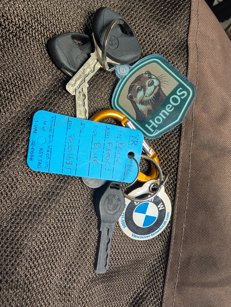 Original BMW F800GS keys with dealer identification tag